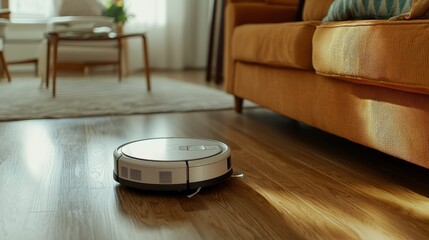 Modern Robotic Vacuum Cleaner on Hardwood Floor in Cozy Living Room
