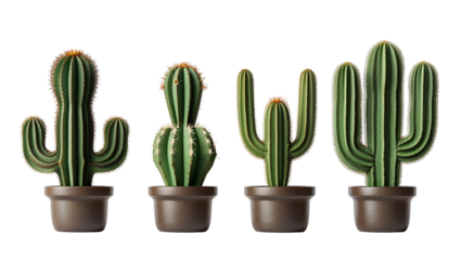 Ceramic cactus planters with minimalist design, stylized saguaro cacti in green and brown tones, modern home decor with desert-inspired ornaments