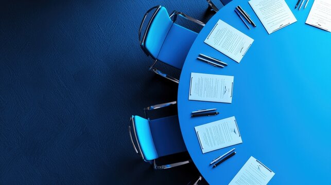 Blue Conference Table with Papers and Pens Ready for Meeting