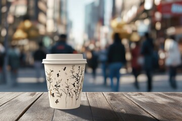 Coffee cup resting on a rustic wooden table amidst vibrant city hustle and bustle, capturing daily life in a charming cafe setting. Generative AI
