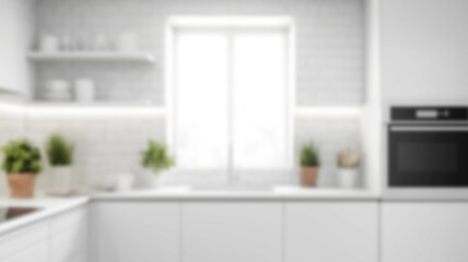 Empty mockup space for montage your product display over blurred modern minimal white kitchen cooking space in the background.. AI Generated Images