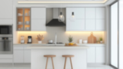 Fototapeta premium Blurred view of modern kitchen with white furniture. AI Generated Images