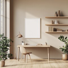 Minimalist home office with wooden desk, chair, shelves, plants, and blank frame.