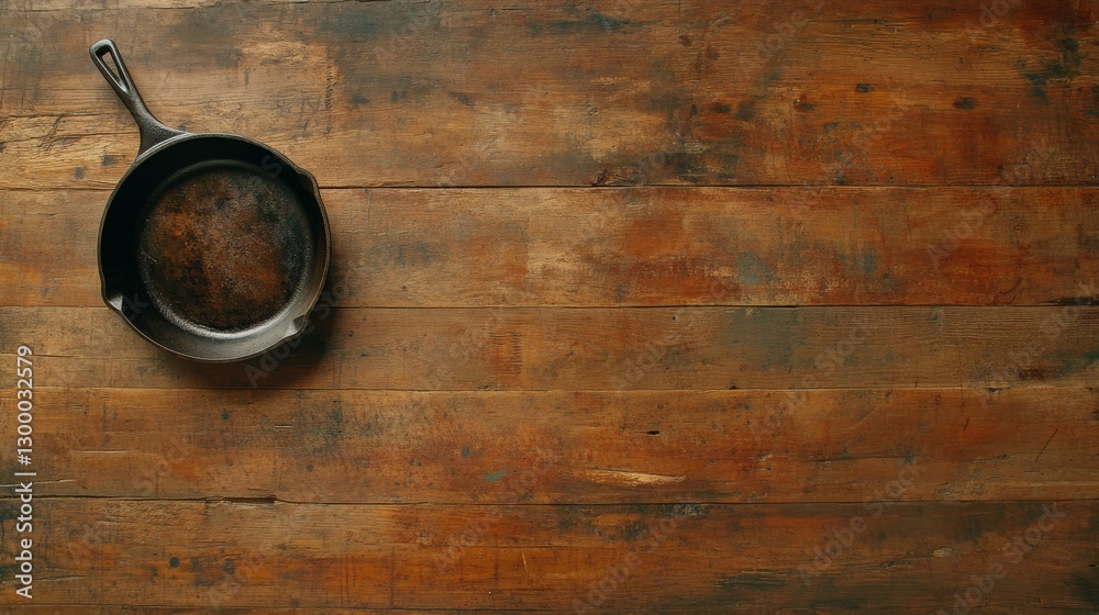 Poster a cast-iron skillet rests on a rustic wooden table, showcasing its aged surface while soft, warm lig