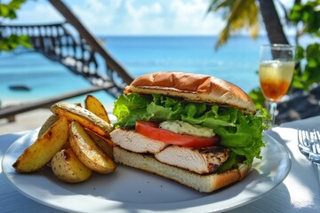 Savoring a flavorful grilled chicken sandwich with fresh toppings and crispy potato wedges by the beach. Generative AI