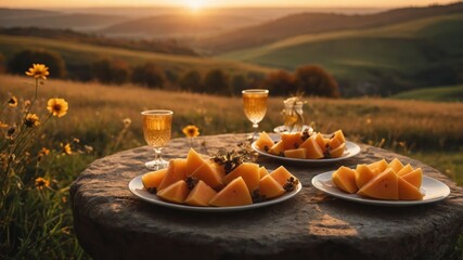 Fototapeta premium A serene outdoor setting with plates of melon and drinks at sunset.