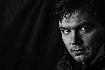 Fototapeta premium The portrait features the serious face of a man in monochrome