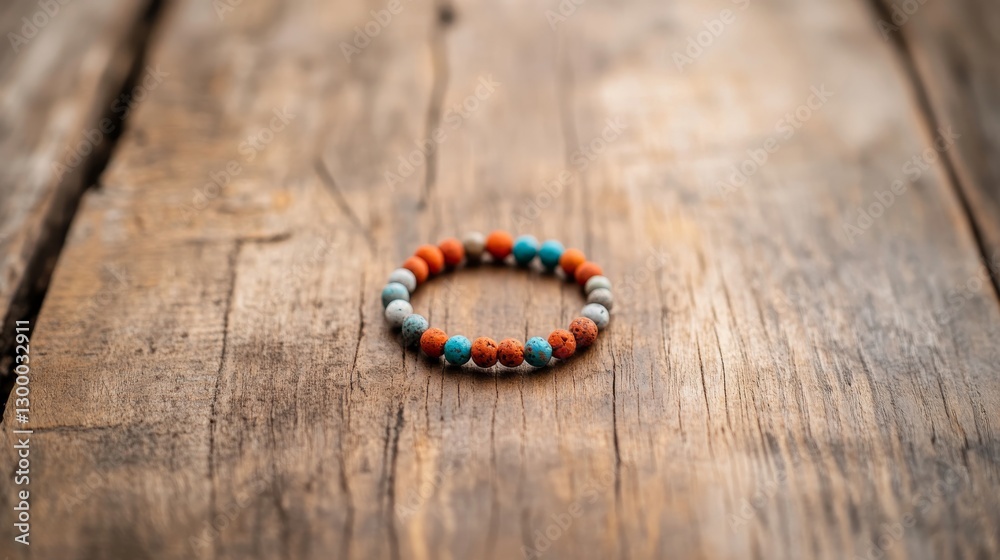 Aufkleber a vibrant bohemian bracelet rests on a rustic wooden table, featuring intricate beads that catch sof