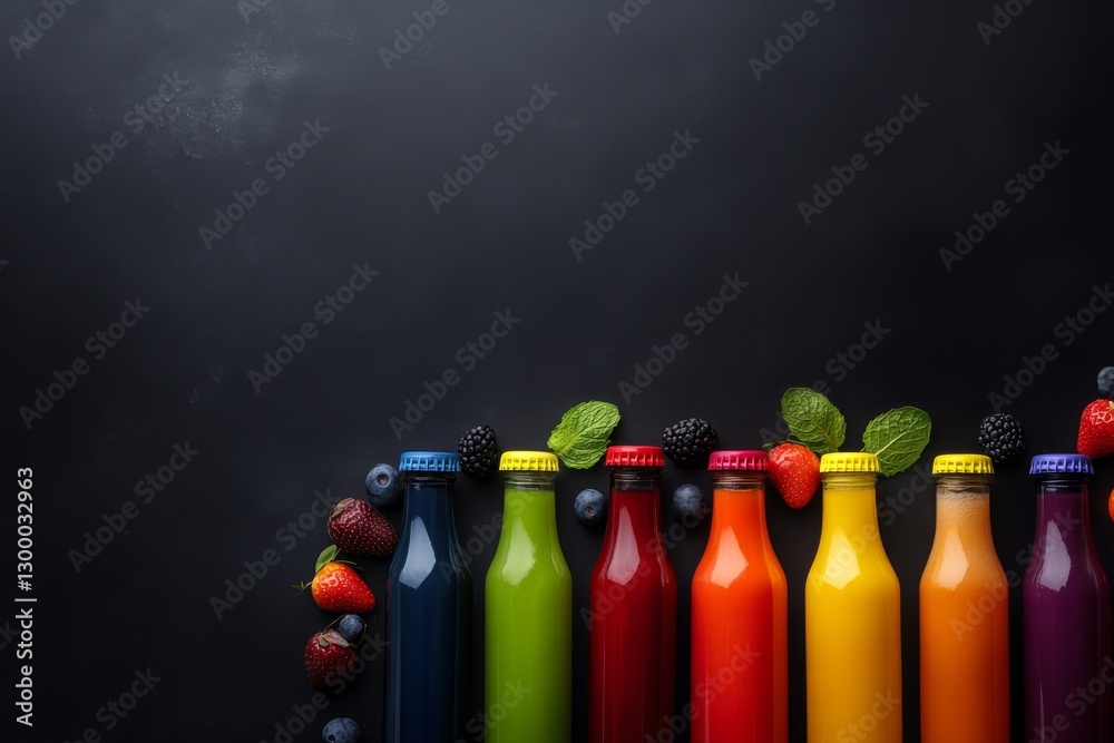 Aufkleber close-up of a single colorful bottle filled with freshly squeezed fruit juice, surrounded by other v