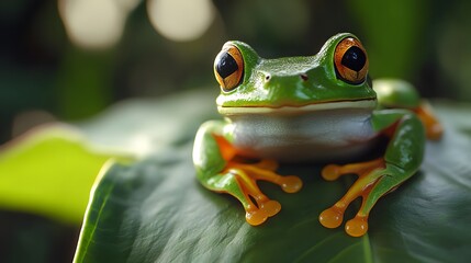 Close-Up of a Realistic Green Frog Sitting on a Leaf Surrounded by Natural Greenery in a Lush Environment