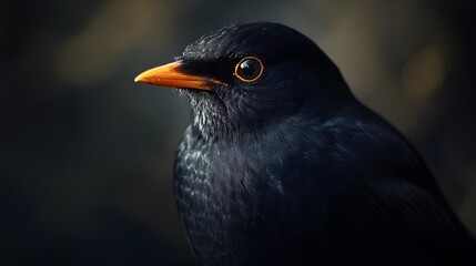 Fototapeta premium Closeup of a Blackbird Sitting in Dark Shadows with Golden Eyes in Natural Habitat