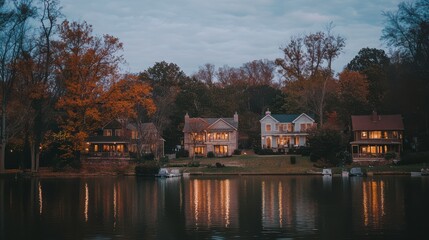 Obraz premium Serene Autumn Twilight at Rustic Fishing Cabins