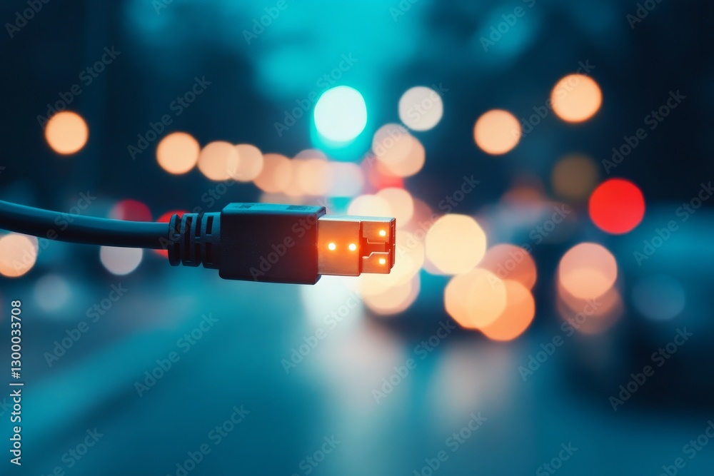 Aufkleber A single Ethernet cable is plugged into a network switch port, featuring glowing indicators. Soft lights and a blurred dark office background enhance the focus