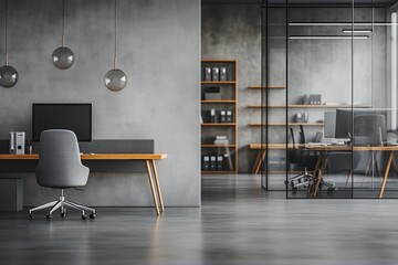 Modern minimalist office interior with desk, chair, and glass partition.