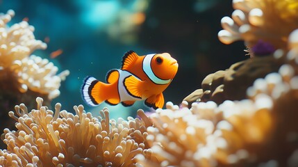 Vibrant Clownfish Swimming in a Colorful Coral Reef Underwater Scene