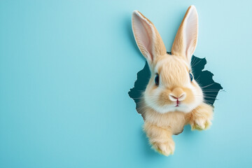 Obraz premium rabbit is peeking out of a hole in a wall. The rabbit is small and fluffy, and it is curious about what is on the other side of the hole. The image has a playful and whimsical mood