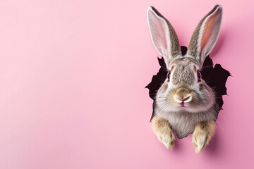 Obraz premium rabbit is peeking out of a hole in a pink background. The rabbit is looking at the camera with a curious expression. The image has a playful and whimsical mood