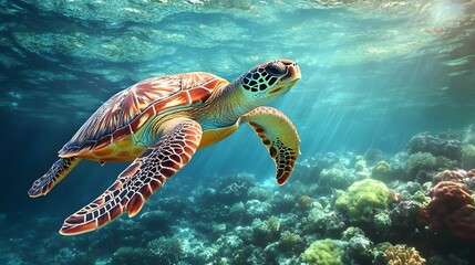 Fototapeta premium Colorful Sea Turtle Swimming Near Vibrant Coral Reef Under Bright Sunlight in Clear Ocean Water