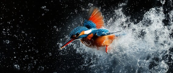 Fototapeta premium Vibrant kingfisher diving into water, splashing droplets.