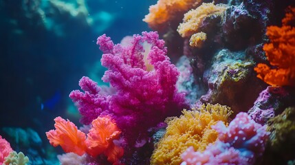 Fototapeta premium Vibrant Coral Reef Underwater Scene with Colorful Soft Corals in Ultra HD Quality