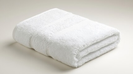 A clean, white towel laid flat on a smooth surface in a bright bathroom, offering surrounding space for creative design and marketing use.