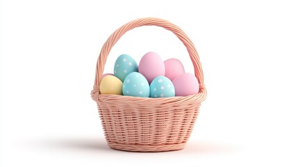 Fototapeta premium Pastel Colored Easter Eggs In Wicker Basket