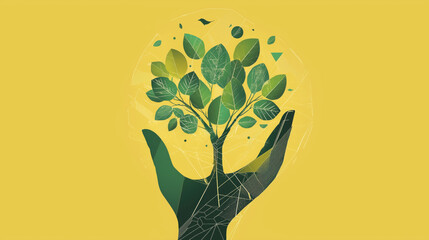 Abstract palm guard geometric trees symbolizing earth and plant life. The yellow-brown triangle is stacked to form a stable and stratified trunk, and the concentric semicircle forms a crown with diffe