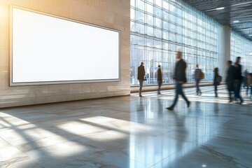 Obraz premium Blank billboard in modern building hallway with blurred people walking. (4)