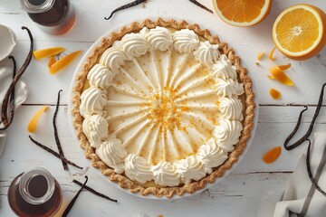 Overhead shot of a delicious orange cream pie decorated with whipped cream, garnished with orange zest, served on a white wooden table with vanilla beans and oranges.