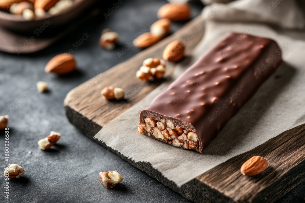 Poster a protein bar with a broken edge showcases its chocolate filling, set on a rustic wooden board surro
