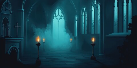 An eerie and gothic church interior with candlelight and dramatic fog