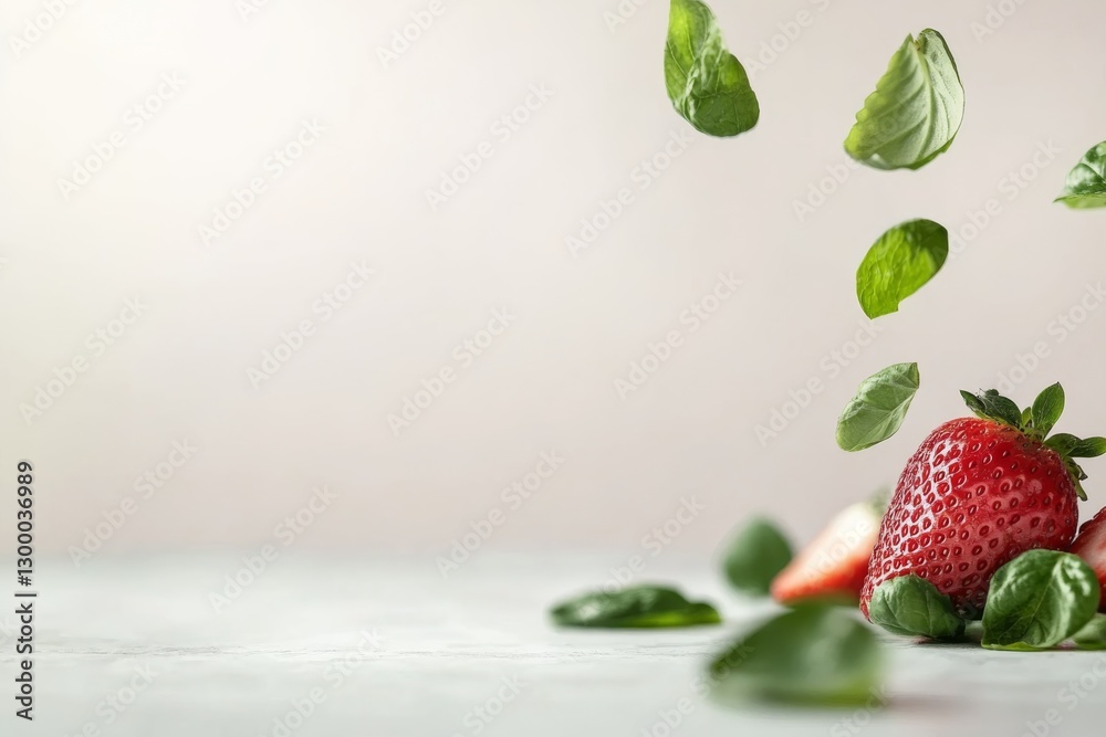 Poster a close-up captures a ripe strawberry and half-slices floating above, surrounded by green leaves, pr