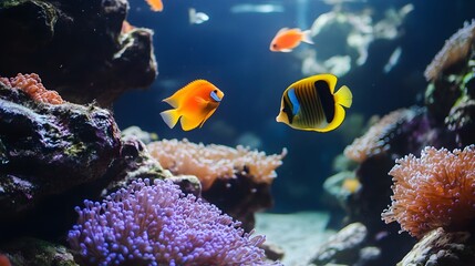 Naklejka premium Colorful Fish Swimming Amidst Coral Reef in Realistic Aquarium Setting with Vibrant Underwater Life