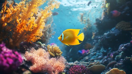 Fototapeta premium Vibrant Yellow Tang Fish Swimming Among Colorful Coral Reef in Clear Tropical Waters