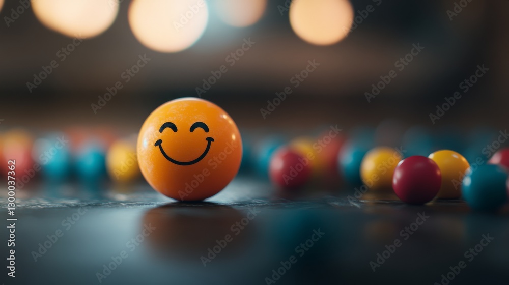 Poster A cheerful emoji ball with a smiling face stands out in the foreground, surrounded by a blur of colorful balls, enhancing a dynamic and playful feel