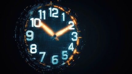 A futuristic digital clock with abstract numbers floating, leaving surrounding space for creative design or branding.