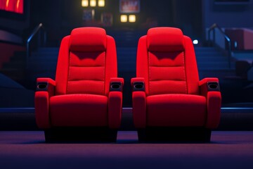 Obraz premium Empty red cinema seats, theater, movie night, screen, dark