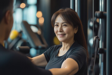 Fototapeta premium woman is smiling at a man in a gym. The woman is wearing a black shirt and she is enjoying her workout