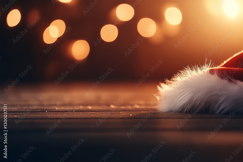 Poster a soft white santa cap with fur trim rests on a rustic wooden surface, illuminated by gentle golden 