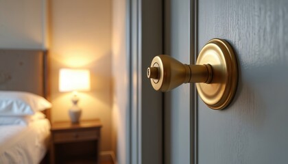 Obraz premium Close-up of modern hotel room door with golden key inserted in lock. Bedroom interior, lamp, bed in soft focus. Key provides safety, security at lodging.