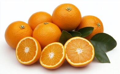 Fresh oranges with green leaves and cut oranges on a white background.