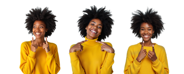 Triple Portrait of a Smiling African American Woman with Afro in Yellow Sweater, Isolated on White