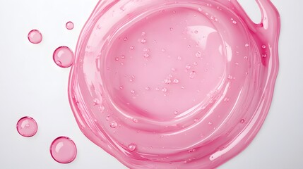 Pink Transparent Cosmetic Gel Sample with Creamy Texture and Bubbles on White Background