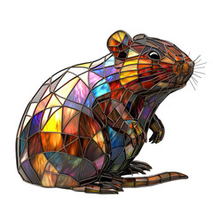 Colorful 3D Stained Glass Design of a Stylized Rat with Intricate Patterns on a Transparent background