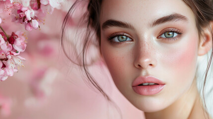 Close-up portrait of a confident young woman showcases her captivating eyes and soft natural makeup, surrounded by beautiful pink blossoms on a warm afternoon