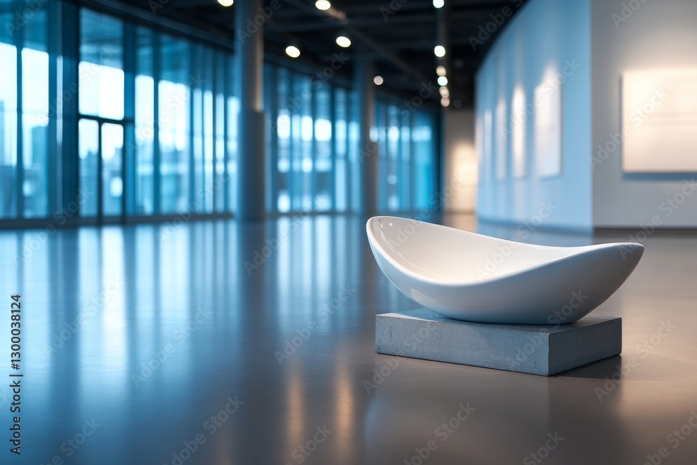 Poster a close-up view of a smooth white sculpture with flowing curves resting on a concrete pedestal in a 