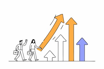 Two business figures walk toward growth, represented by upward arrows in various colors, symbolizing progress and collaboration.