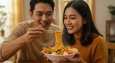 Couple Enjoying Delicious Noodles Together at Home