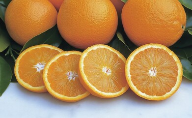 Close-up of several whole and sliced oranges on green leaves.