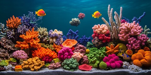 Obraz premium Vibrant and Realistic Underwater Scene of Crocheted Coral Reef with Colorful Fish Swimming Above